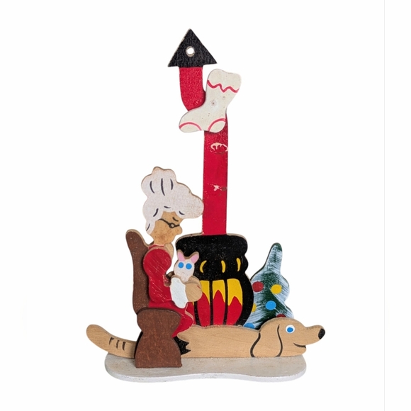 Vintage Schmidt Emgee Wooden Christmas Ornament Lady with Cat and Dog Fireplace - Picture 1 of 9